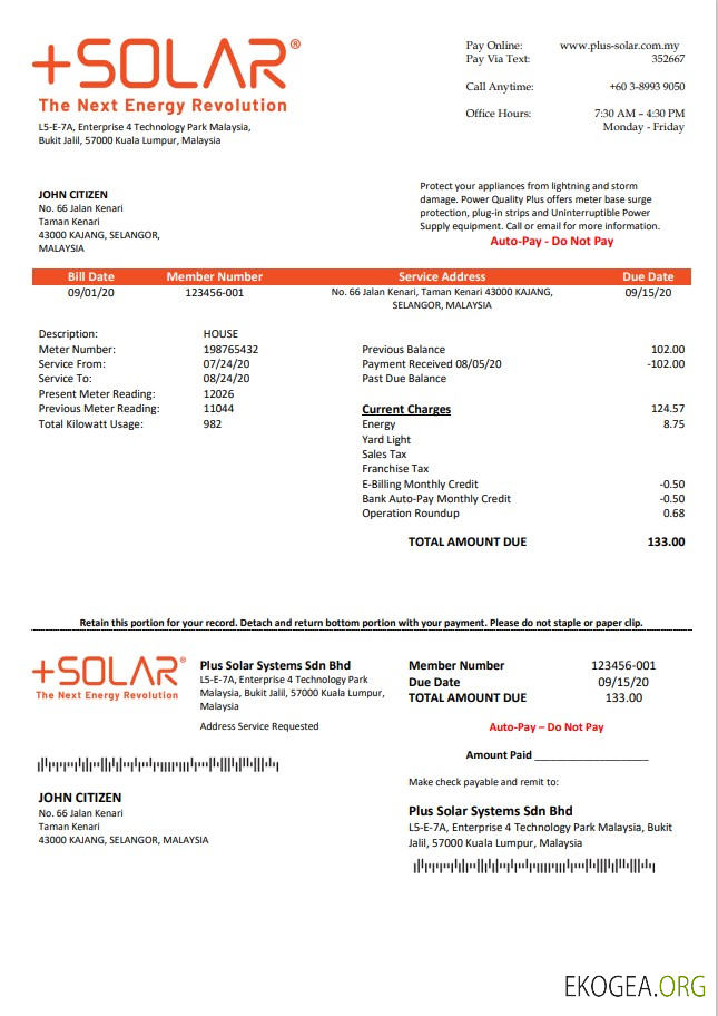 Malaysia Plus Solar Systems Sdn Bhd utility bill template in Word and PDF format